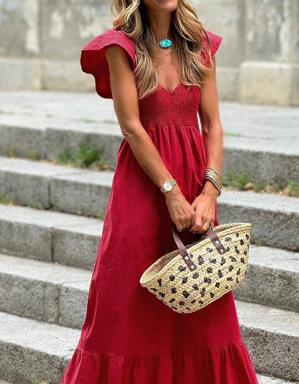 V Neck Smocked Bodice High Waist Ruffle Maxi Dress