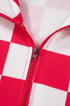 Red Checkered Print Half Zip Hoodie Loose Pant Set