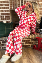 Red Checkered Print Half Zip Hoodie Loose Pant Set