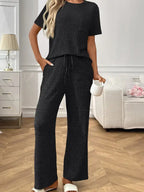 Ribbed Knit Short Sleeve Lounge Set Drawstring Wide Leg Pant