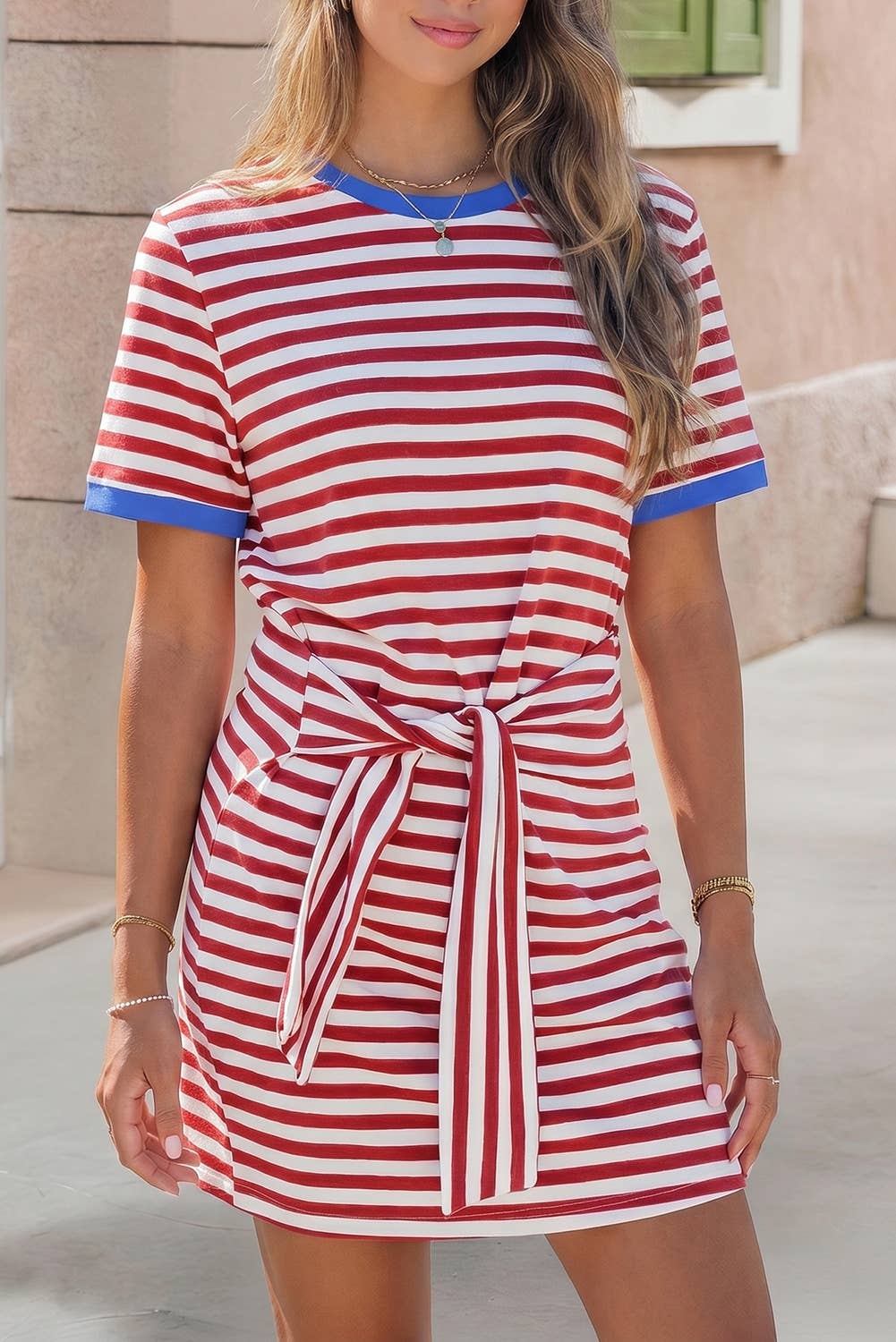 Nautical Tie Contrast Trim Round Neck T Shirt Mini Dress