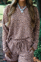 Khaki Leopard Ribbed Long Sleeve Top Drawstring Shorts 2pcs Outfit