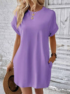 Relaxed Fit Cotton Short Sleeve Pocket Dress for Summer