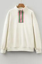 Light Grey Contrast Striped Patchwork Zip Collar Pullover Sweatshirt