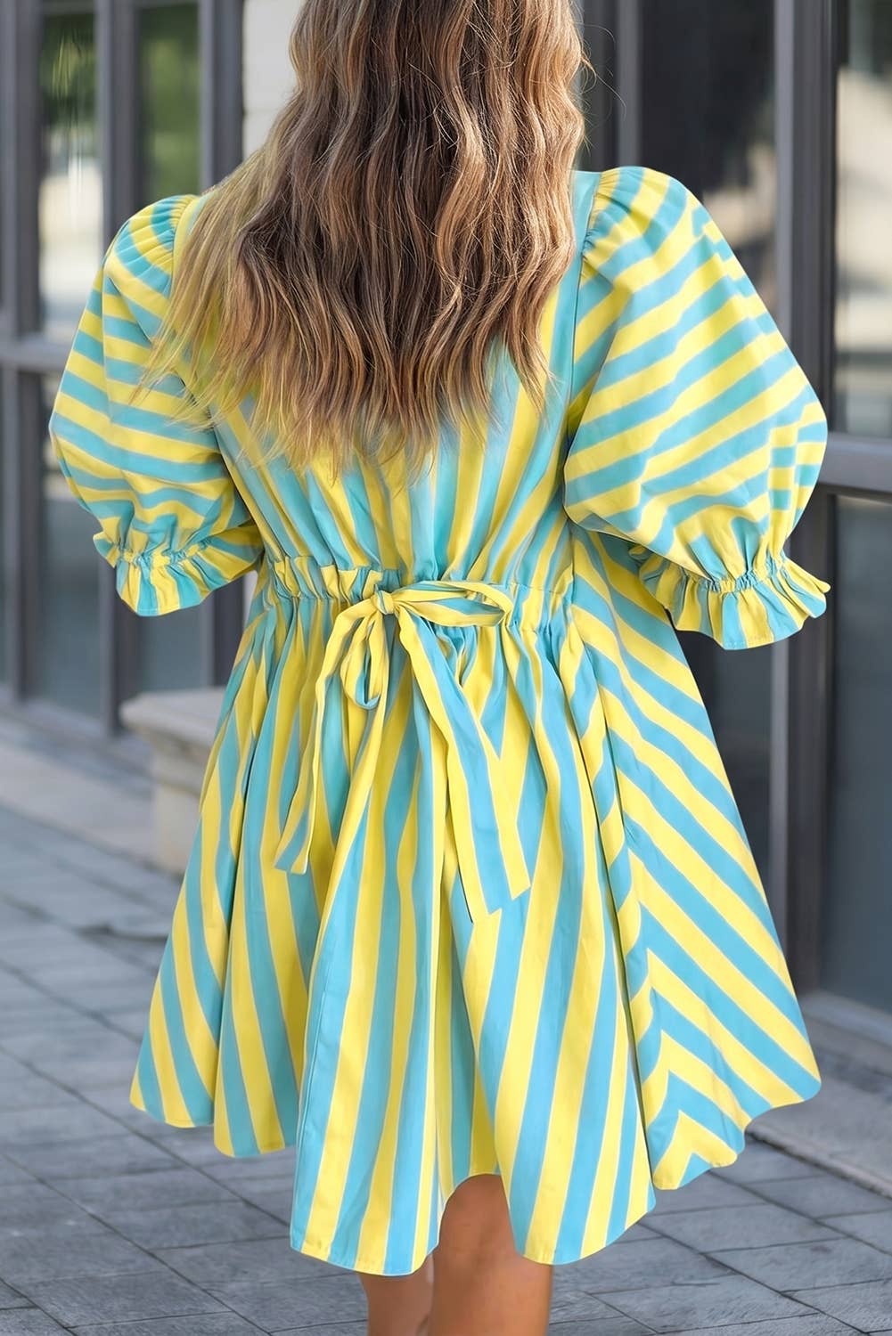 Striped Half Button Puff Sleeve Loose Mini Dress