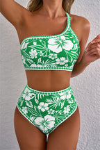 Green Floral Print One Shoulder High Waist Bikini Set