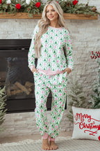 Green Bow Christmas Tree Print Contrast Striped Banding 2pcs Lounge Set