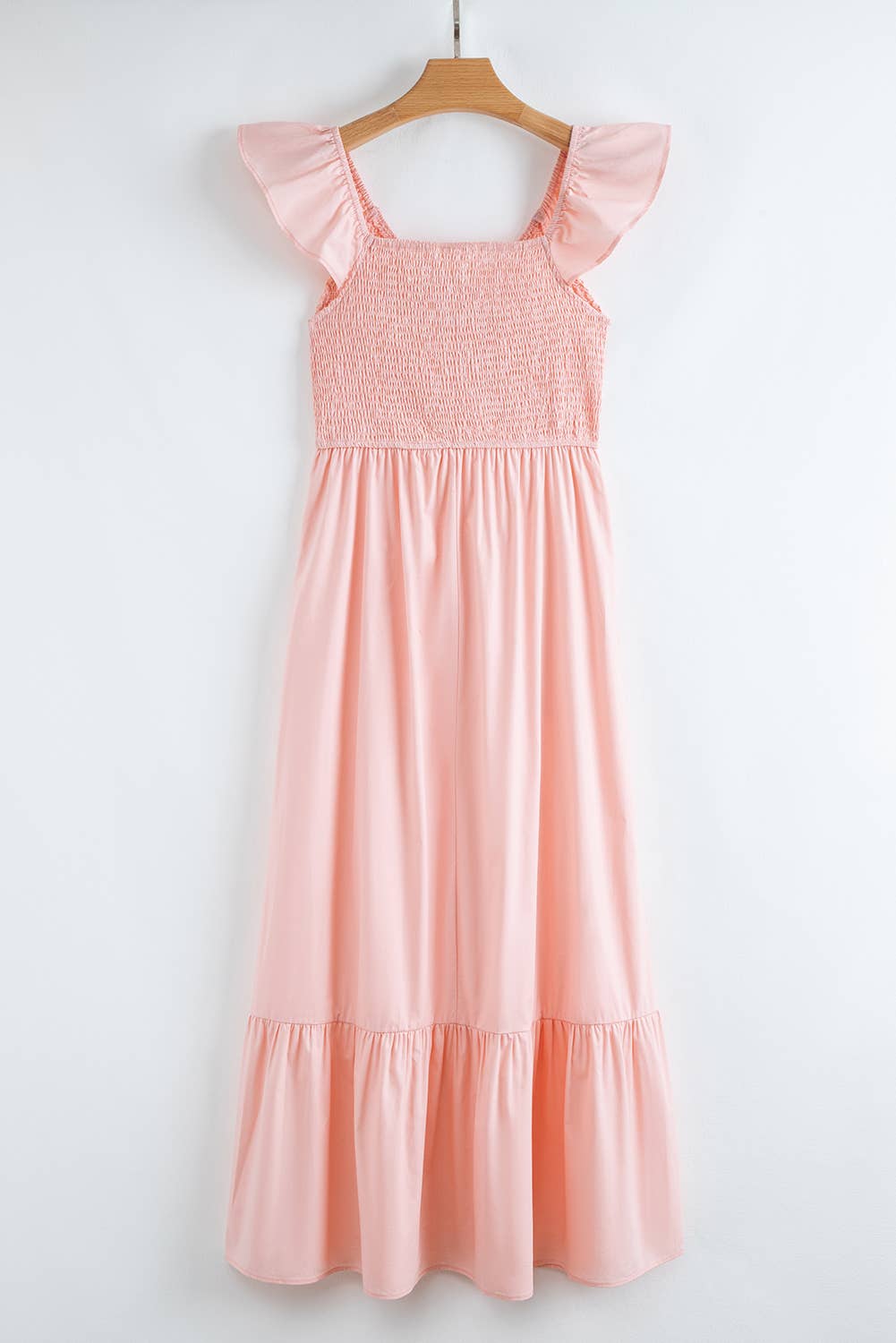 V Neck Smocked Bodice High Waist Ruffle Maxi Dress