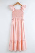 V Neck Smocked Bodice High Waist Ruffle Maxi Dress
