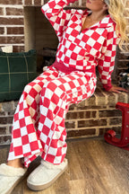 Red Checkered Print Half Zip Hoodie Loose Pant Set