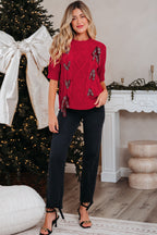 Fiery Red Plaid Lace up Detail Christmas Holiday Puff Short Sleeve Sweater