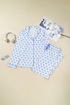 Sky Blue Bow Print Long Sleeve Shirt and Pants Soft Pajama Set