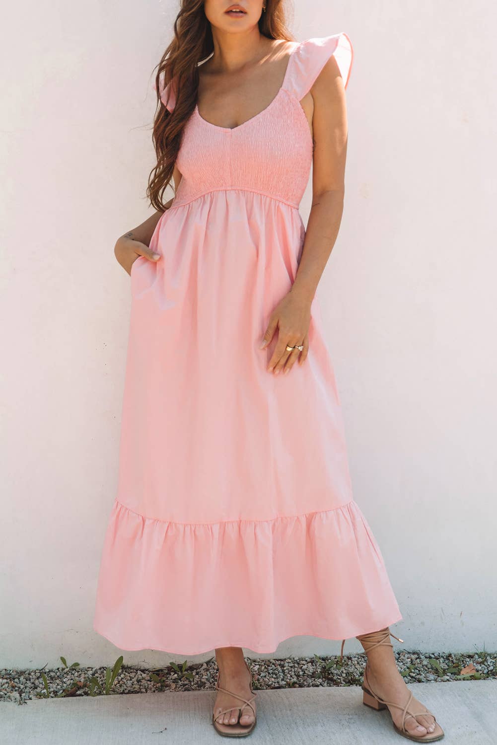 V Neck Smocked Bodice High Waist Ruffle Maxi Dress
