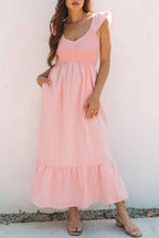 V Neck Smocked Bodice High Waist Ruffle Maxi Dress