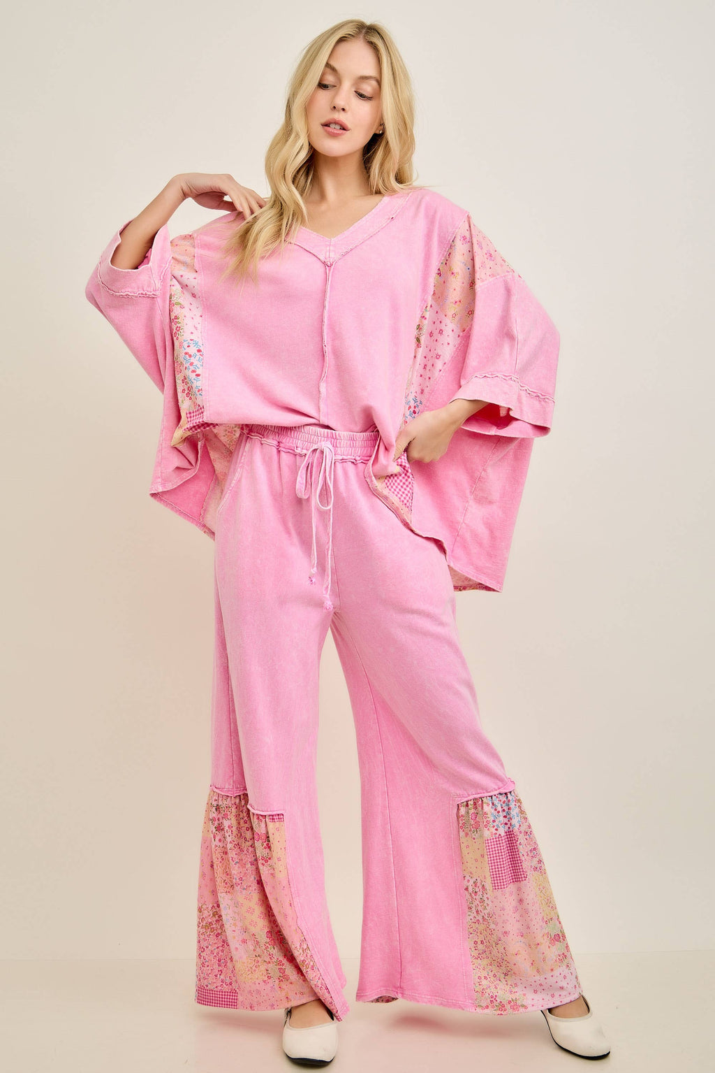 Mineral Washed Spring Picnic Print Ruffle Flare Pants HP7117