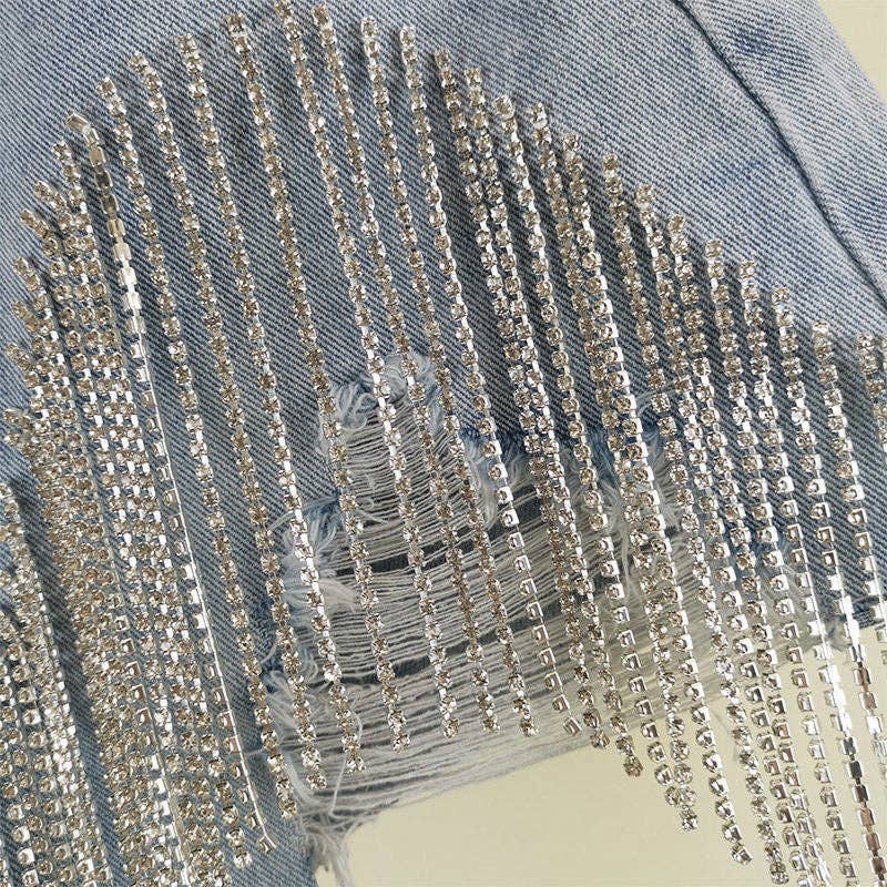 Fringe Rhinestone Distressed Denim Shorts Western Style