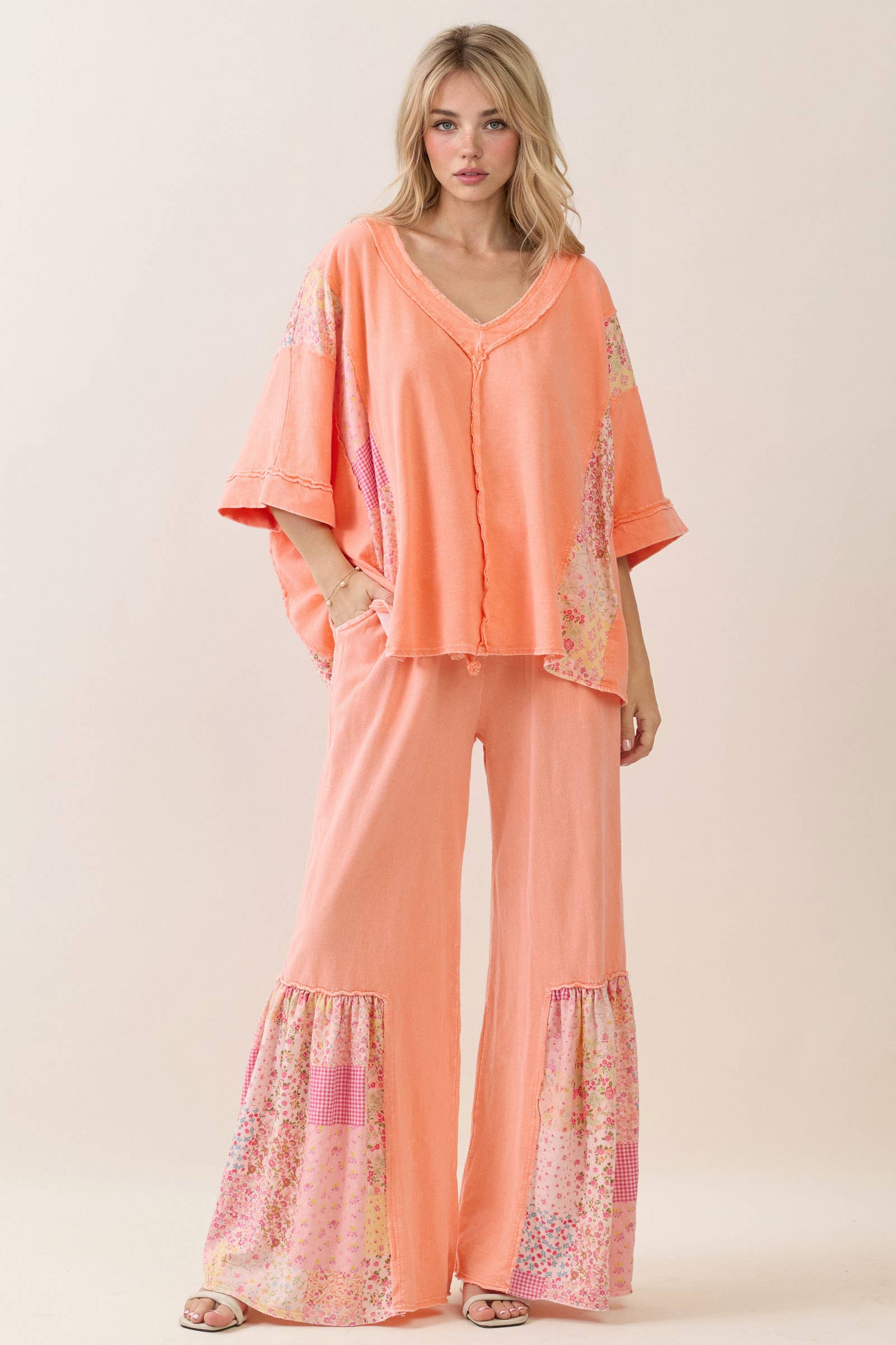 Mineral Washed Spring Picnic Print Ruffle Flare Pants HP7117