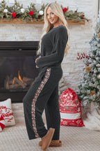 Carbon Grey Twisted Rib Texture Leopard Patchwork Detail 2pcs Pant Set