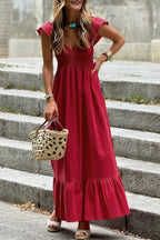 V Neck Smocked Bodice High Waist Ruffle Maxi Dress