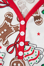 White Christmas Pattern Button V Neck Pullover Drawstring Pants 2pcs Lounge Set