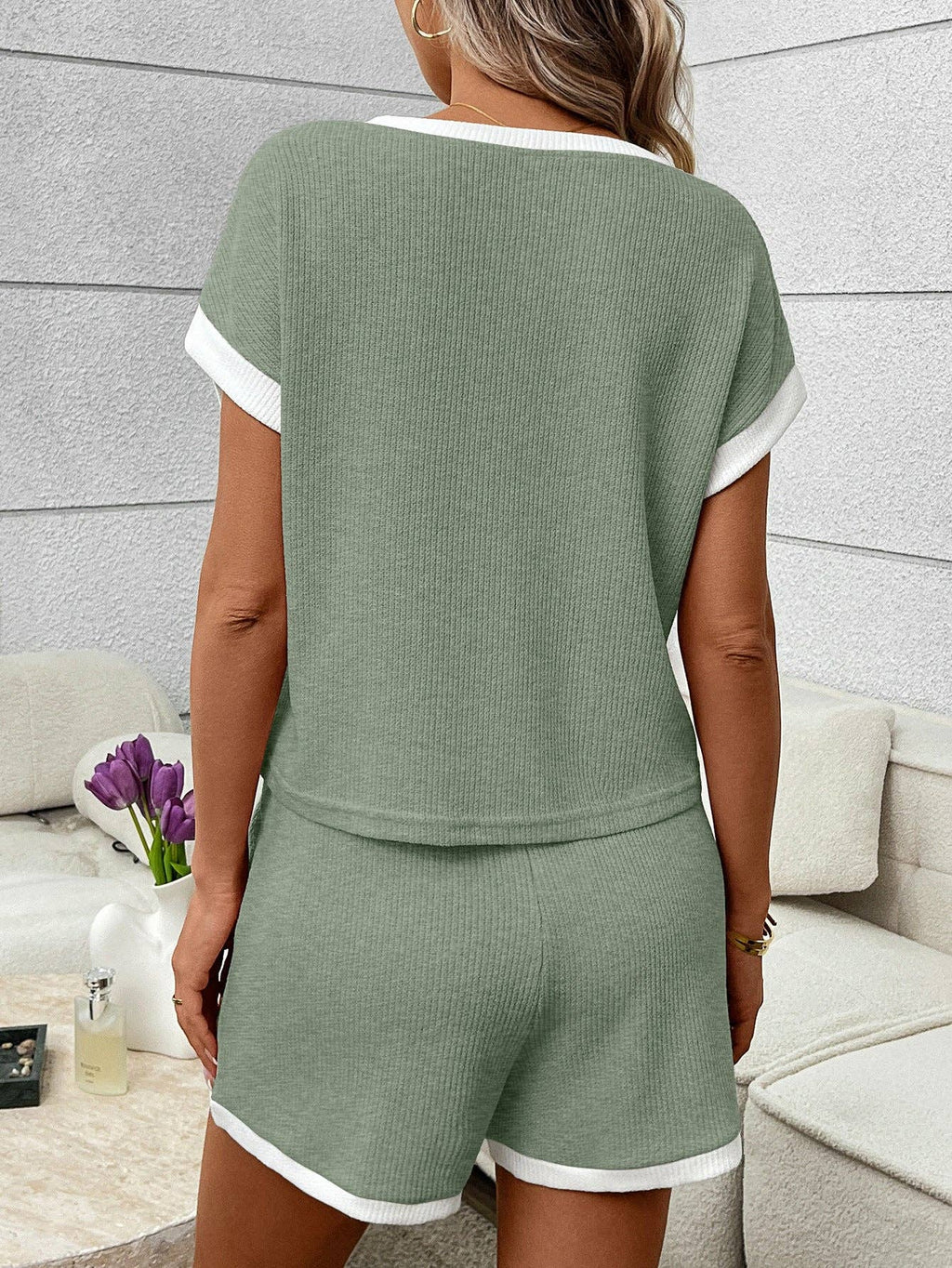 Pink Ribbed Lounge Set Contrast Trim Tee Top Shorts