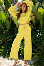 Yellow Cream Drop Shoulder Puff Sleeve Crop Pullover Drawstring Wide Leg Pants Set