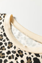 Brown Leopard Print Contrast Trim Long Sleeve Pullover Drawstring Shorts 2pcs Outfit