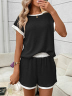 Pink Ribbed Lounge Set Contrast Trim Tee Top Shorts