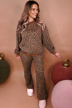 Coffee Leopard Print Contrast Trim Long Sleeve Top and Pants Set
