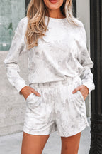 Beige Camo Print Pullover Top and Elastic Waist Casual Short Set