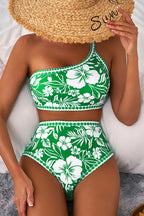Green Floral Print One Shoulder High Waist Bikini Set