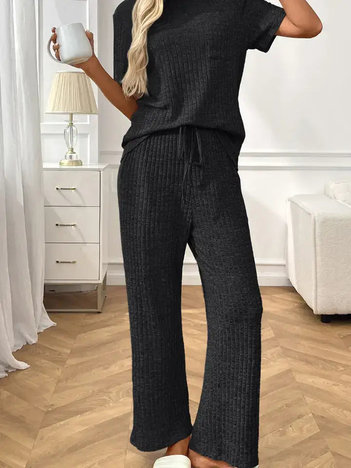 Ribbed Knit Short Sleeve Lounge Set Drawstring Wide Leg Pant