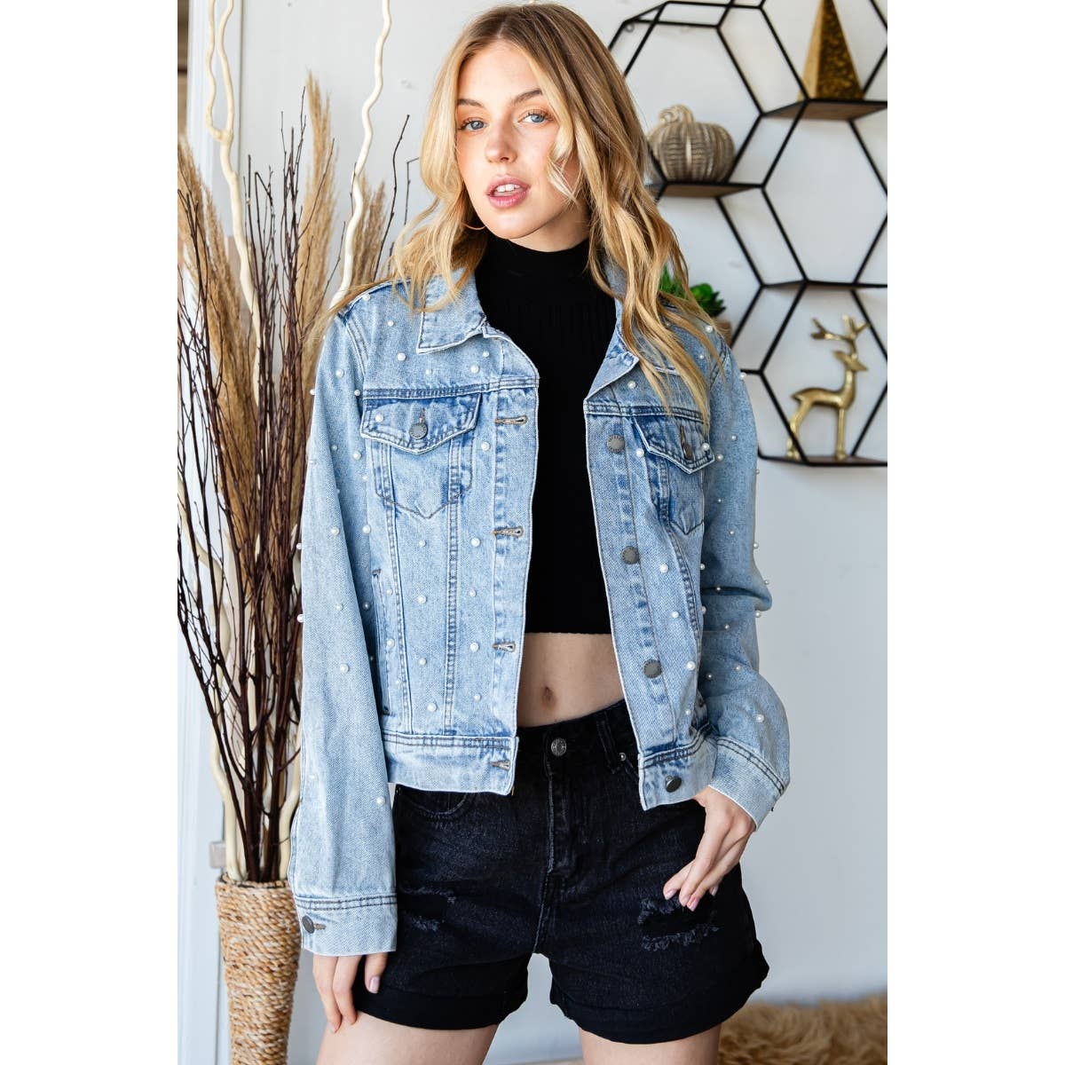 All Over Pearl Cropped Denim Jacket