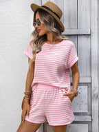 Striped Short Sleeve Top and Shorts Casual Lounge Set