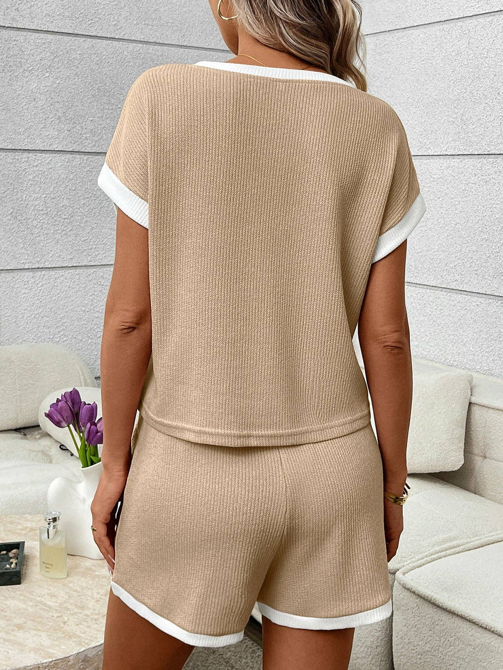 Pink Ribbed Lounge Set Contrast Trim Tee Top Shorts
