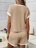 Pink Ribbed Lounge Set Contrast Trim Tee Top Shorts
