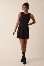 SOLID COLOR BOAT NECK SLEEVELESS A-LINE MINI DRESS