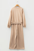 Oatmeal Varsity Striped Detail Crewneck Pullover Elastic Sweatpants 2pcs Outfit