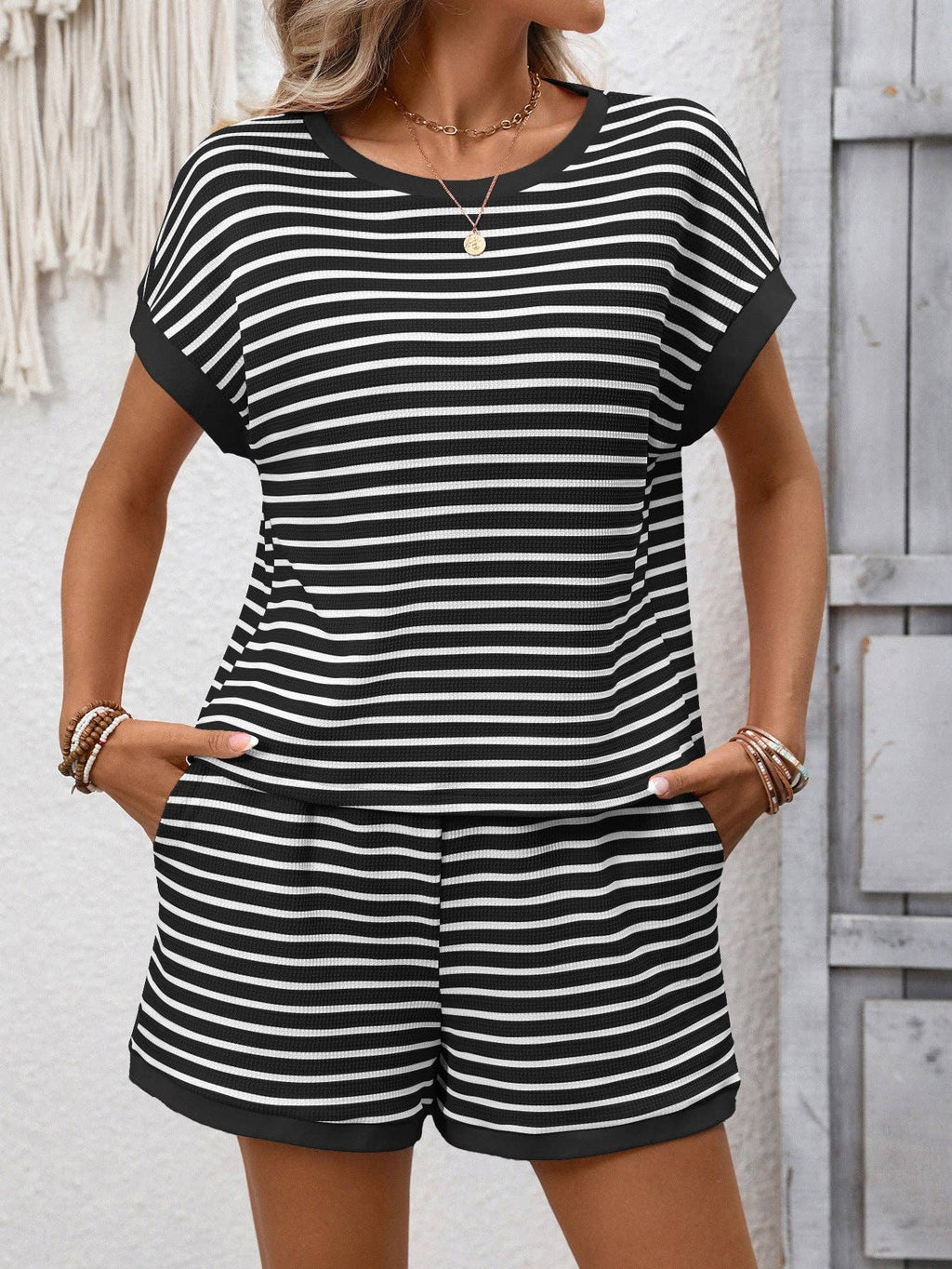 Striped Short Sleeve Top and Shorts Casual Lounge Set
