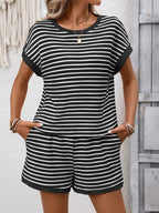 Striped Short Sleeve Top and Shorts Casual Lounge Set