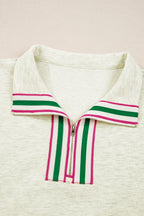 Light Grey Contrast Striped Patchwork Zip Collar Pullover Sweatshirt