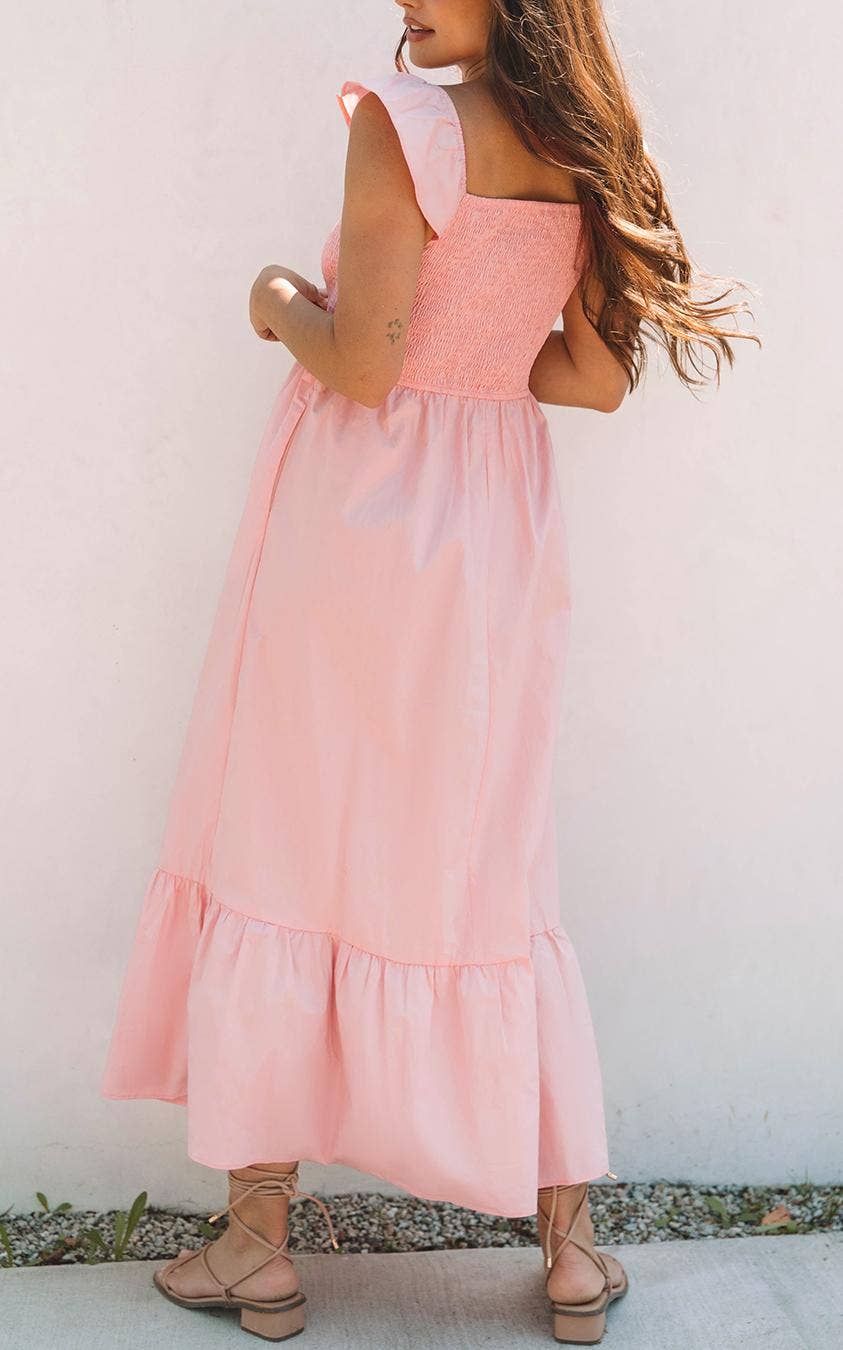 V Neck Smocked Bodice High Waist Ruffle Maxi Dress