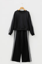 Black Varsity Striped Detail Crewneck Pullover Elastic Sweatpants 2pcs Outfit