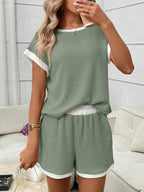 Pink Ribbed Lounge Set Contrast Trim Tee Top Shorts
