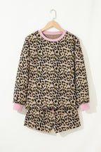 Pink Leopard Print Contrast Edge Long Sleeve Pullover Shorts Set