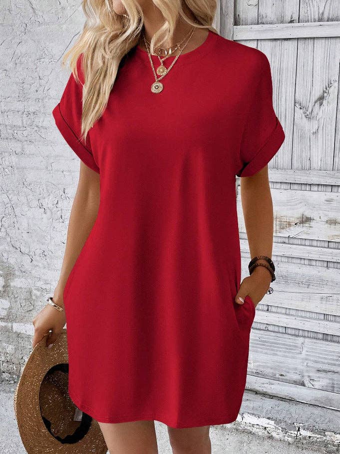 Relaxed Fit Cotton Short Sleeve Pocket Dress for Summer