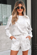 Beige Camo Print Pullover Top and Elastic Waist Casual Short Set