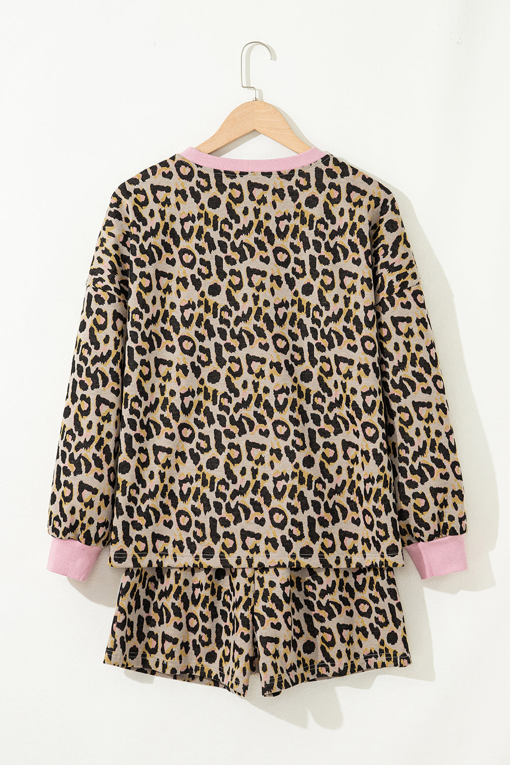 Pink Leopard Print Contrast Edge Long Sleeve Pullover Shorts Set