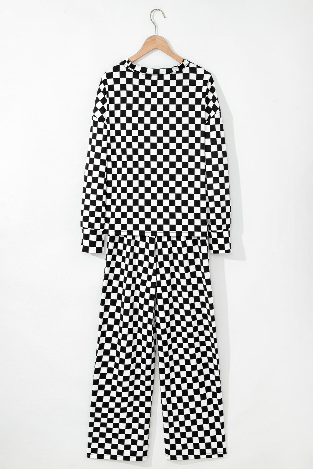 Black Checkered Print Long Sleeve Top and Pants Lounge Set
