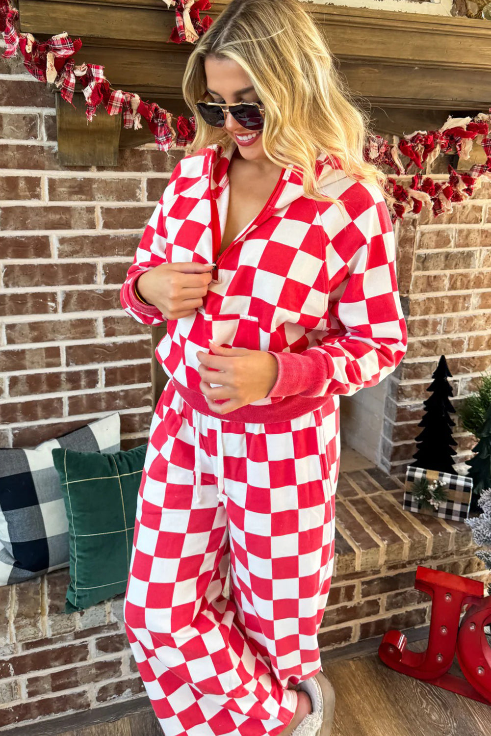 Red Checkered Print Half Zip Hoodie Loose Pant Set